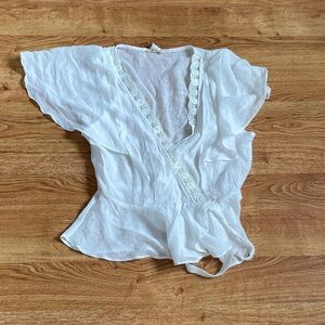 AERIE White Lace Trim Wrap Blouse Flutter Sleeve Boho Top Size M